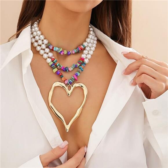 Y2K Pearls & Turquoise Necklace |Chunky Gold Heart Pendant, Long Beaded Layered - Picture 3 of 6